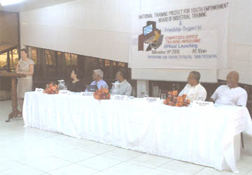 Karen Williams, Deputy Chief of Mission of the US Embassy addresses the gathering while other members of the head table look on. From left to right are: Alana Brassington Secretary of BIT, Sattaur Gafoor of Gafsons Group of Companies, Minister of Labour Manzoor Nadir, Peter Assing of Friendship Oxygen Company and Dale Bisnauth, chairman of BIT. 