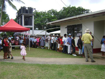 Persons queue up to see doctors on the US medical mission, ‘Continuing Promise’, at the Kumaka District Hospital yesterday.  