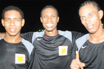 TERRIFIC TRIO! The Alpha United trio which sunk Sunburst Camptown in the Namilco Football Festival semi-final on Sunday at the Tucville Playfield. From left are Elton Browne, Anthony Abrams and Gordon Henry.   