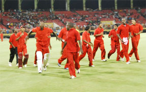The jubilant Berbice team rally to celebrate the reclaiming of the Guyana Cricket Board (GCB)/ Pepsi/Carib Beer Inter-County 20/20 title after their four wicket victory over defending champions Demerara at the Guyana National Stadium, Providence last night. (Lawrence Fanfair photo)