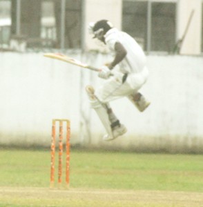 Shemroy Barrington rejoices after completing his second century in the GCB President’s Cup