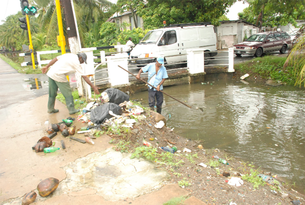 Too little too late: Workers removing rubbish, including coconut shells, plastic bottles and Styrofoam food boxes from the Lamaha Street canal at Albert Street corner yesterday. (Photo by Jules Gibson)
