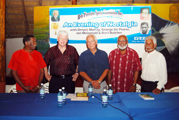 BLAST FROM THE PAST! Greats of yesteryear from left, Basil Butcher, former West Indies middle order batsman, Ian Mc Donald, former lawn tennis great who played at Wimbledon, Joseph `Reds’ Perreira, former OECS sports co-ordinator, George De Peana, former Caribbean middle distance running sensation and former West Indies wicketkeeper Deryck Murray of Trinidad. (Lawrence Fanfair photo) 