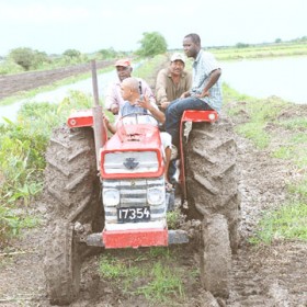 Rice farmer Latchman Sarjue (driver), Group Promoter of the Cane Grove Water Users Association, Ramgopaul (behind the driver), a National Drainage and Irrigation Authority (NDIA) engineer (sitting on fender) and another farmer driving along the Melville Side Line Dam. 