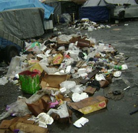 Garbage piled up at the Route 45 bus park on Tuesday afternoon. 