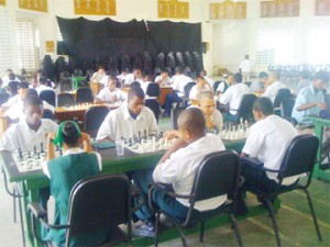  In foreground is Table One in the Category B section of the National Schools Chess Championship.