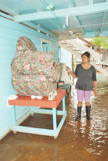 Leela Khandai, a Beehive resident, points to her chair which has been elevated for several weeks because of the floodwater in her house and yard. 