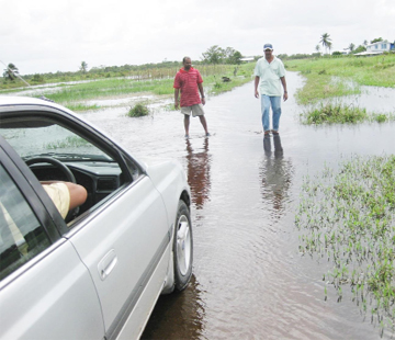 Naresh Bhagwandeo and another resident stands on a section of the flooded De Hoop, Mahaica road. 