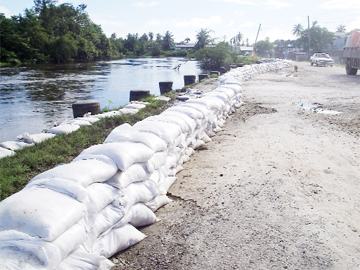 Sandbags placed along the banks of the Mahaica Creek at Belmont. These were placed there on Monday night, residents said. Spring tides over the past few days have resulted in overtopping of the banks of the said creek. 