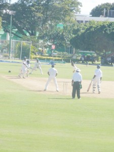 Floyd Reifer plays a forward defensive shot against a Narsingh Deonarine delivery during his 41 yesterday at the 3W’s Oval, in Barbados.