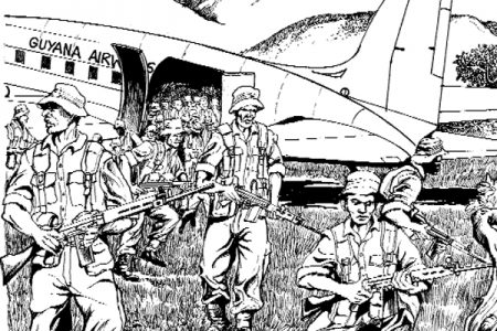 The GDF Task Force lands in the Rupununi (an artist’s impression  by Barrington Braithwaite)
