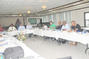  MEETING OF THE MINDS! The directors of the West Indies Cricket Board during yesterday’s opening day of the two-day retreat at the Buddy’s International Hotel. (Clairmonte Marcus photo)  
