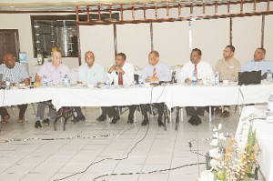 Some of the directors of the West Indies Cricket Board at yesterday’s media workshop held at Buddy’s International Hotel. (Clairmonte Marcus photo)   