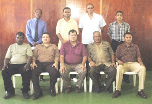 NEW EXECUTIVES! From left, standing, Terry Holder, Pritipaul Singh, Ramsay Alli and Ronald Williams. Sitting (from left) Sheik Ahmad, Bissoondyal Singh, Chetram Singh, Fizool Bacchus and Anand Sanasie. (Aubrey Crawford photo)          