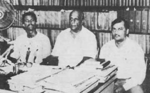 Trevor Arno, left, the longest secretary of the Guyana Boxing Board of Control with former presidents Frederick Ramprashad, centre and K. D Persaud.    