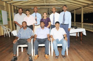 The new GCA Executive. (Sitting from left)  Neil Barry, Alfred Mentore and Surendra Hiralall. Standing (l-r) Lance Hinds, Shalim Baksh, Dennis Wilson, Theresa Pemberton, Shaun Massiah and Harry Parmesar. (Clairmonte Marcus photo)    