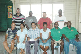 NEW GRFU BODY! President of the GRFU Noel Adonis (third from left) sits with the rest of the executive body of the union after the conclusion of the annual general meeting yesterday.