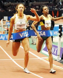 PIPPED! Guyana’s Aliann Pompey right  is pipped at the tape by American Monica Hargrove.(Photo courtesy Gary Tim)  