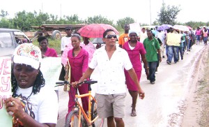 Protesters marching from Wismar to Mackenzie yesterday.