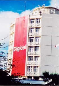 Branding blitz: A huge Digicel banner emblazons the front of the Pegasus Hotel during a massive launch in Georgetown two years ago.