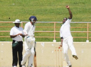 Chief Wrecker! Watched by non-striker Devendra Bishoo and umpire Terrence Birbal, Man-of-the-Match Nelon Pascal is about to send down one of his ferocious deliveries at the Guyana National Stadium, Providence yesterday. (Aubrey Crawford photo) 