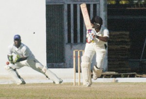  Narsingh Deonarine flicks to leg during his unbeaten 121 yesterday. (An Aubrey Crawford photograph)   