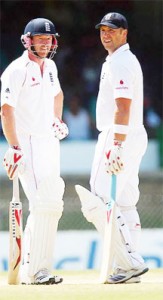 Paul Collinwood (left) and Matt Prior (right) talk things over during their record breaking fifth partnership against the West Indies yesterday. (photo courtesy of Cricinfo)  