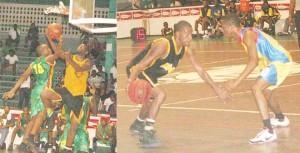 Night four action in the 2009 NLE basketball tournament: Dwayne “Brown Sugar” Roberts scores an easy reverse lay-up as the Colts Gavin Beeram tried to stop him (left); Steve Neils Jr. blows past Pacesetters guard John Fraser in the fourth quarter of their clash. (Orlando Charles photos)    