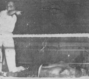 FLASHBACK! Ivelaw Stevenson is counted out in his fight against Trinidadian Boswell St Louis in 1953 at the BGCC ground.