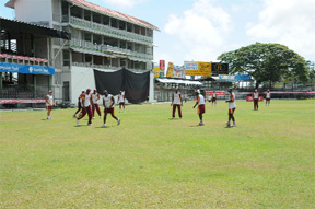 The West Indies team seen above at net sessions yesterday at the Georgetown Cricket Club’s Bourda ground will be looking to bounce back in today’s second ODI at the National Stadium at Providence. (Clairmonte Marcus photo)