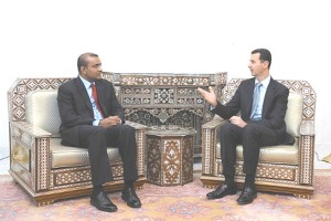 President Bharrat Jagdeo (left) in a meeting with Syrian President Bashar al-Assad (GINA photo)