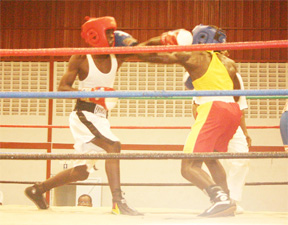 First night action: Dexter Jordon of the Forgotten Youth Foundation trades punches in the centre of the ring with Troy Billey on the opening night of the GABA National Novice Boxing Championships. (Orlando Charles Photo)