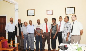 Representatives of the three delegations at yesterday’s Inter-Guiana Games meeting. (Clairmonte Marcus photo)   