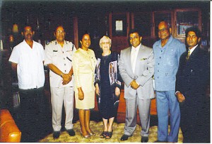 From left: former ADC Captain Francis Abraham, ex-Commissioner of Police Laurie Lewis, Ingrid Drepaul, the late Mrs Janet Jagan, Dr Dale Bisnauth and Mohammed “MFK” Khan on the Drepauls’ wedding day. (Photo courtesy of  John “Slingshot” DrePaul) 