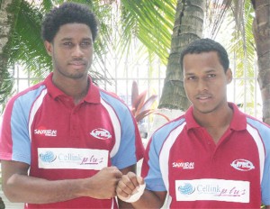 West Indies Sevens Rugby team members, from left, Claudius Butts (captain) and Albert La Rose.  