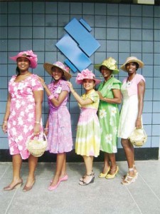 Easter garb: Five counter attendants of Republic Bank (Guyana) Limited, Linden branch were the talk of the town yesterday as they appeared well dressed for the Easter season. They wore well-decorated hats and colourful outfits. As the word spread around many persons who had no business to do at the bank took time to go and see the girls and compliment them. According to the new Branch Supervisor Randolph Sear it is a regular feature of Republic Bank but it’s the first time Linden has been the centre of attraction.