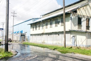 The leaked fuel outside the Guyana Power and Light compound yesterday morning before the clean-up began. (Photo by Orlando Charles)