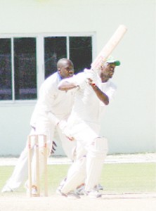 Watched by Barbados’ wicketkeeper Carlo Morris, Guyana’s lower order batsman Esaun Crandon gathered runs through the off side during his second innings 31 yesterday. (Orlando Charles photo)   