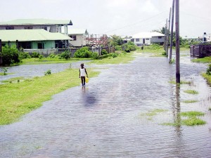 A boy walks through a flooded street in Dazzell Housing Scheme.  