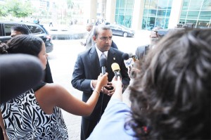President Bharrat Jagdeo speaking to reporters yesterday at the summit. (Photo courtesy Trinidad Express)   