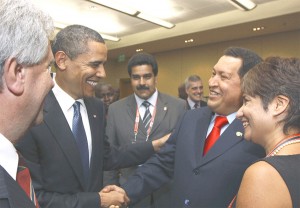 US President Barack Obama shaking hands with Venezuelan President Hugo Chavez at yesterday’s Summit of the Americas opening in Trinidad. The handshake was initiated by President Obama. (Pool photo via Trinidad Express)