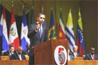 US President Barack Obama addresses the opening ceremonies of the 5th Summit of the Americas in Port of Spain on Friday. (REUTERS/Carlos Barria) 