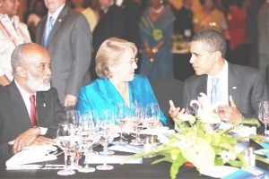 From left, Haitian President, Rene Preval, Chilean President Michelle Bachelet and US President Barack Obama.