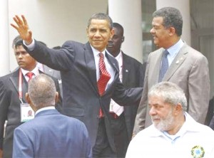 U.S. President Barack Obama waves goodbye to his comrades after the eighth group photo session at the 5th Summit of the Americas in Port of Spain yesterday. REUTERS/Chris Wattie     Deccan Chargers Harmeet Singh (R) celebrates after the dismissal of Kolkata Knight Riders Sourav Ganguly in their 2009 Indian Premier League (IPL) T20 cricket tournament match in Cape Town yesterday. REUTERS/Mike Hutchings   Daniel Vettori of the Delhi Daredevils runs out Kings XI Punjab’s Yuvraj Singh in their 2009 Indian Premier League (IPL) T20 cricket tournament match in Cape Town yesterday.  REUTERS/Mike Hutchings    Virender Sehwag of the Delhi Daredevils hits the winning runs against Kings XI Punjab in their 2009 Indian Premier League (IPL) T20 cricket tournament match in Cape Town yesterday. Behind is Kings XI Punjab’s Kumar Sangakkara. REUTERS/Mike Hutchings  