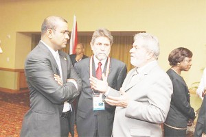 President Bharrat Jagdeo in discourse with Brazilian President Luis Inacio Lula da Silva.
