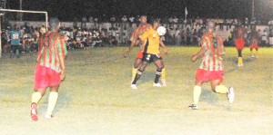 Flashback: Part of the action in last year’s final between Guyana Defence Force and Sunburst Camptown at the Plaisance Community Centre ground.   