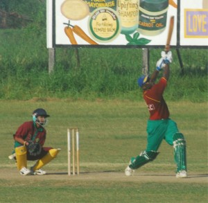 Demerara Cricket Club’s skipper Derwin Christian hitting over the top in one of his team’s preliminary round match in the tournament.  