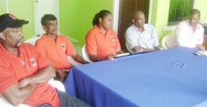 From left are Linden France, Muniram Persaud, Team Manager Deidre Edghill, Linden Johnson and Godfrey Monroe addressing the media yesterday at the Cliff Anderson Sports hall (Rawle Toney Photo)  