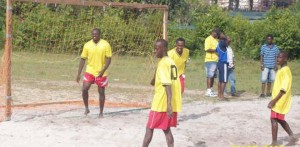 These players from Netrockers and Winners Connection Football Clubs in Linden became the first two teams to play beach soccer.  