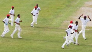 It’s celebration time for Berbice as another Demerara second innings wicket falls. (Orlando Charles photograph) 